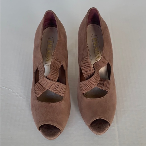 PRADA | Suede Crossover Blush Peep-Toe Pumps Sz 37 - Picture 3 of 16